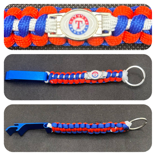 Texas Rangers Inspired Paracord/Survival Keychain with Bottle Opener